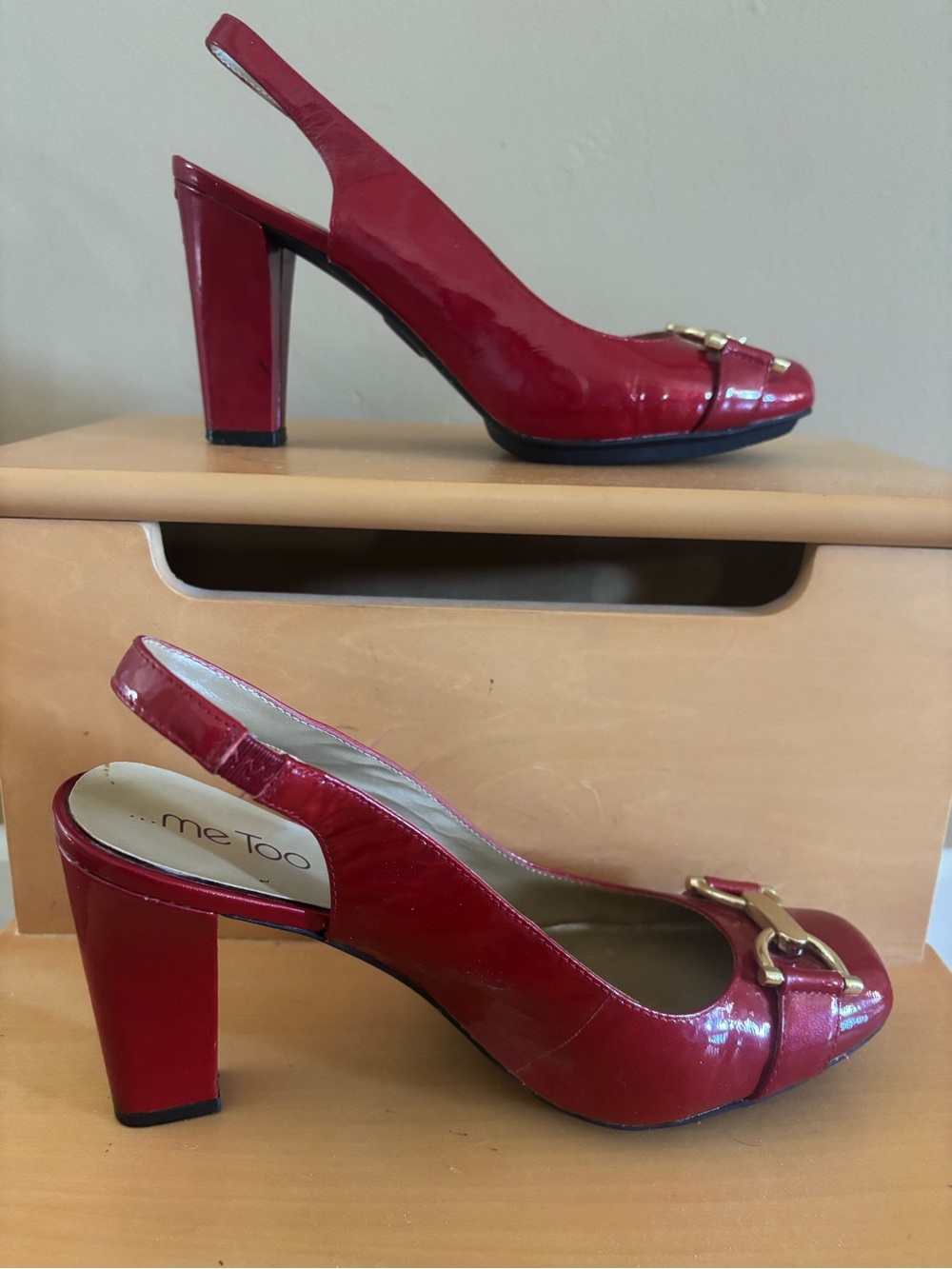 me too Red Patent Slingback Block Heels with Gold Hardware